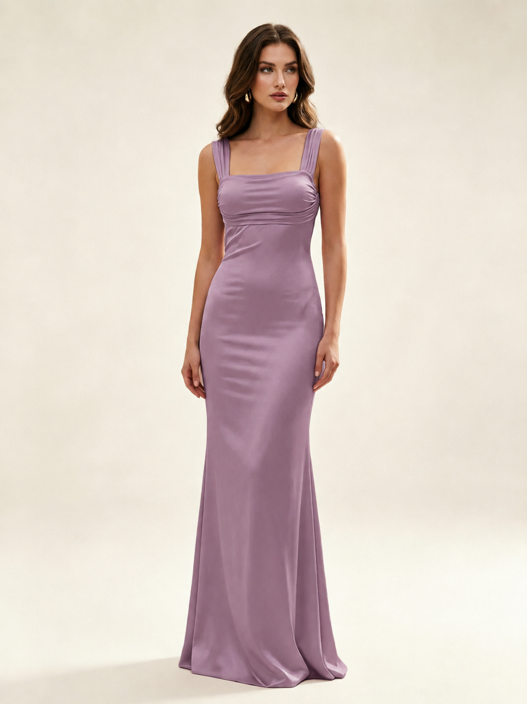 Satin Mermaid Bridesmaid Maxi Dress, Wide Strap Square Neck Cross Lace-Up Open Back