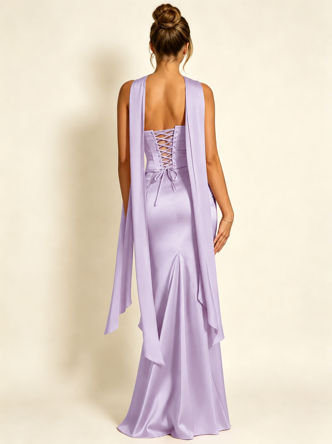 Satin Cowl Neck Mermaid Evening Dress with Corset Bodice and Draped Straps