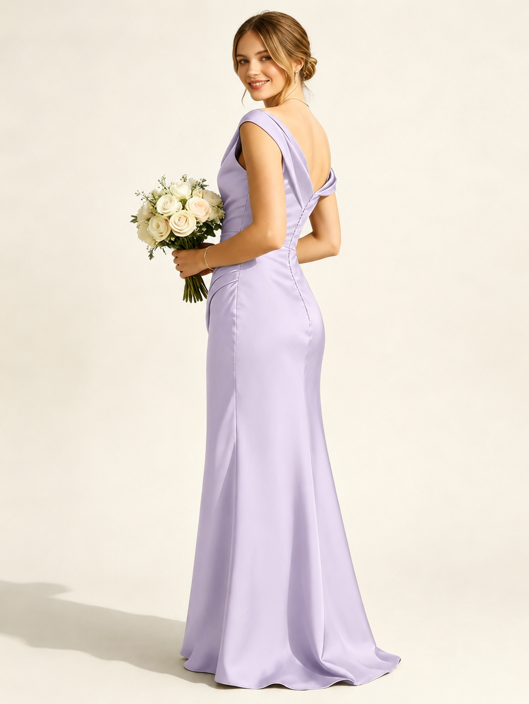 Satin Mermaid Bridesmaid Maxi Dress, Asymmetrical Off Shoulder Ruched Waist Open Back