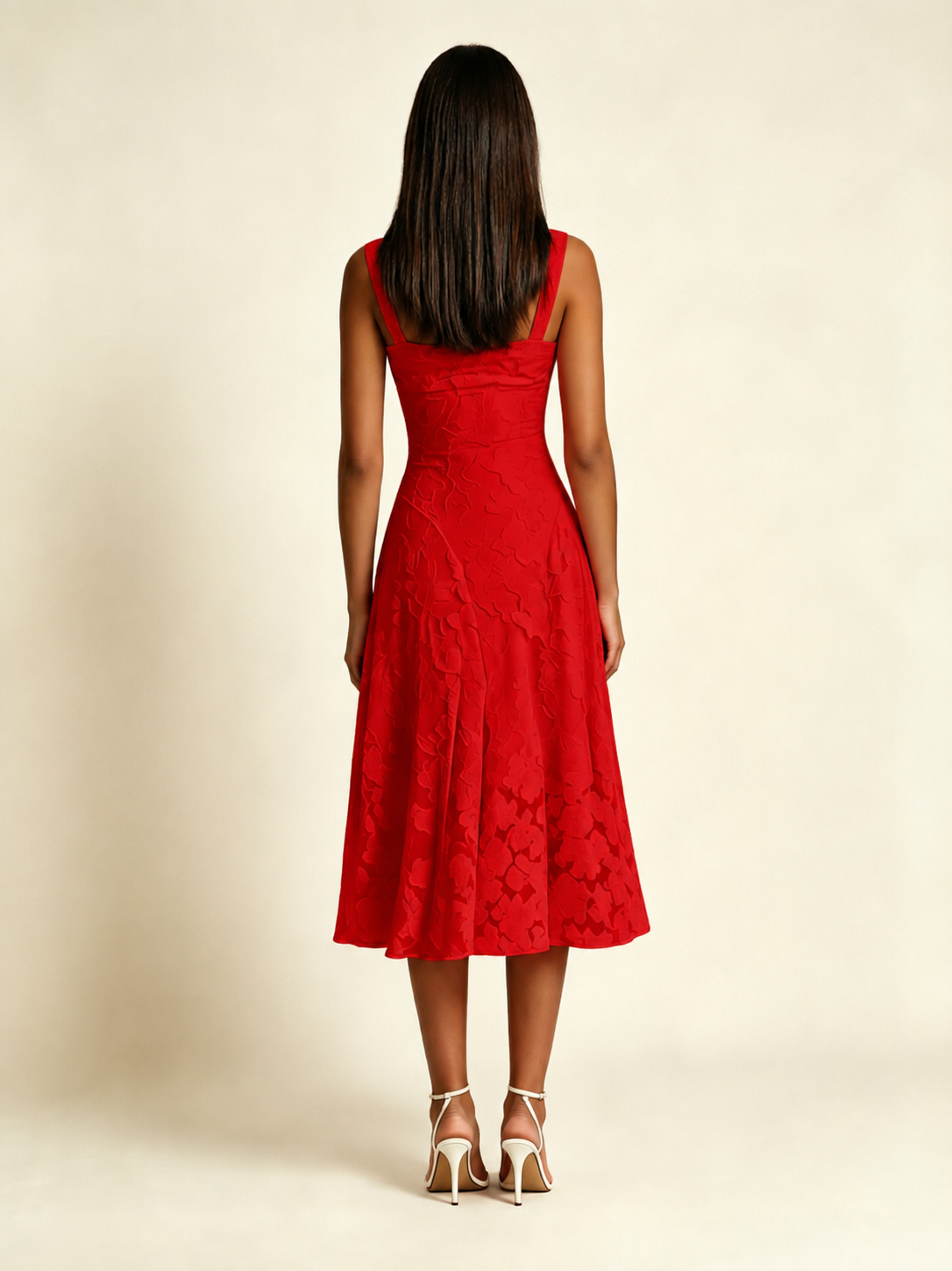 3D Floral Jacquard Square Neck Midi Dress