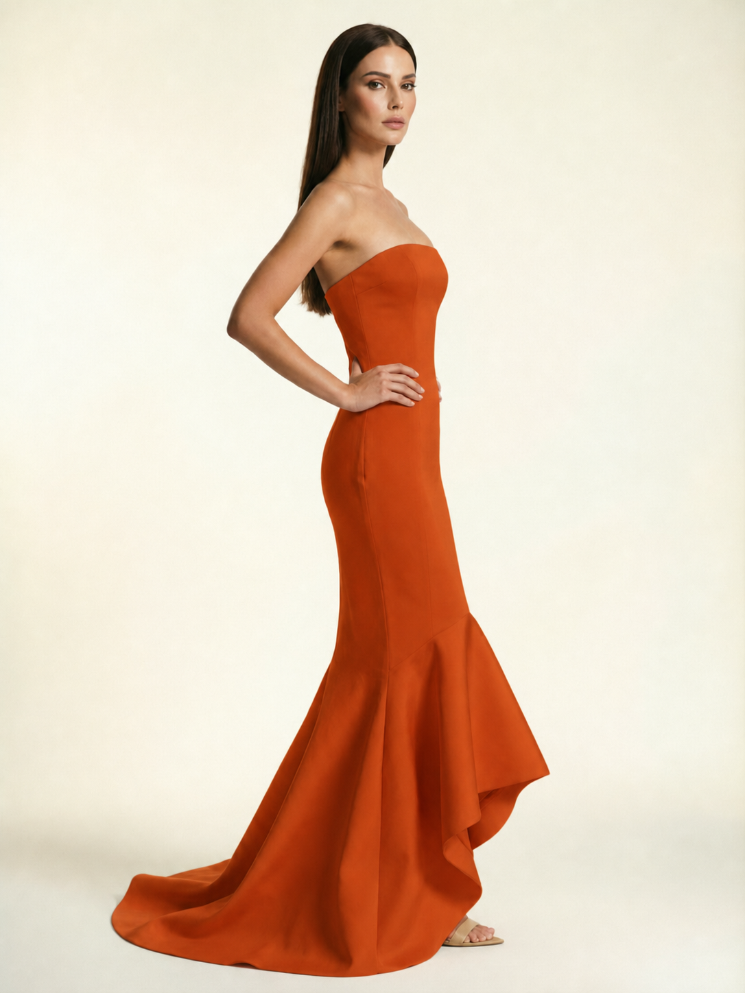 Strapless Satin Mermaid Dress With Ruffled Train & Lace-Up Back