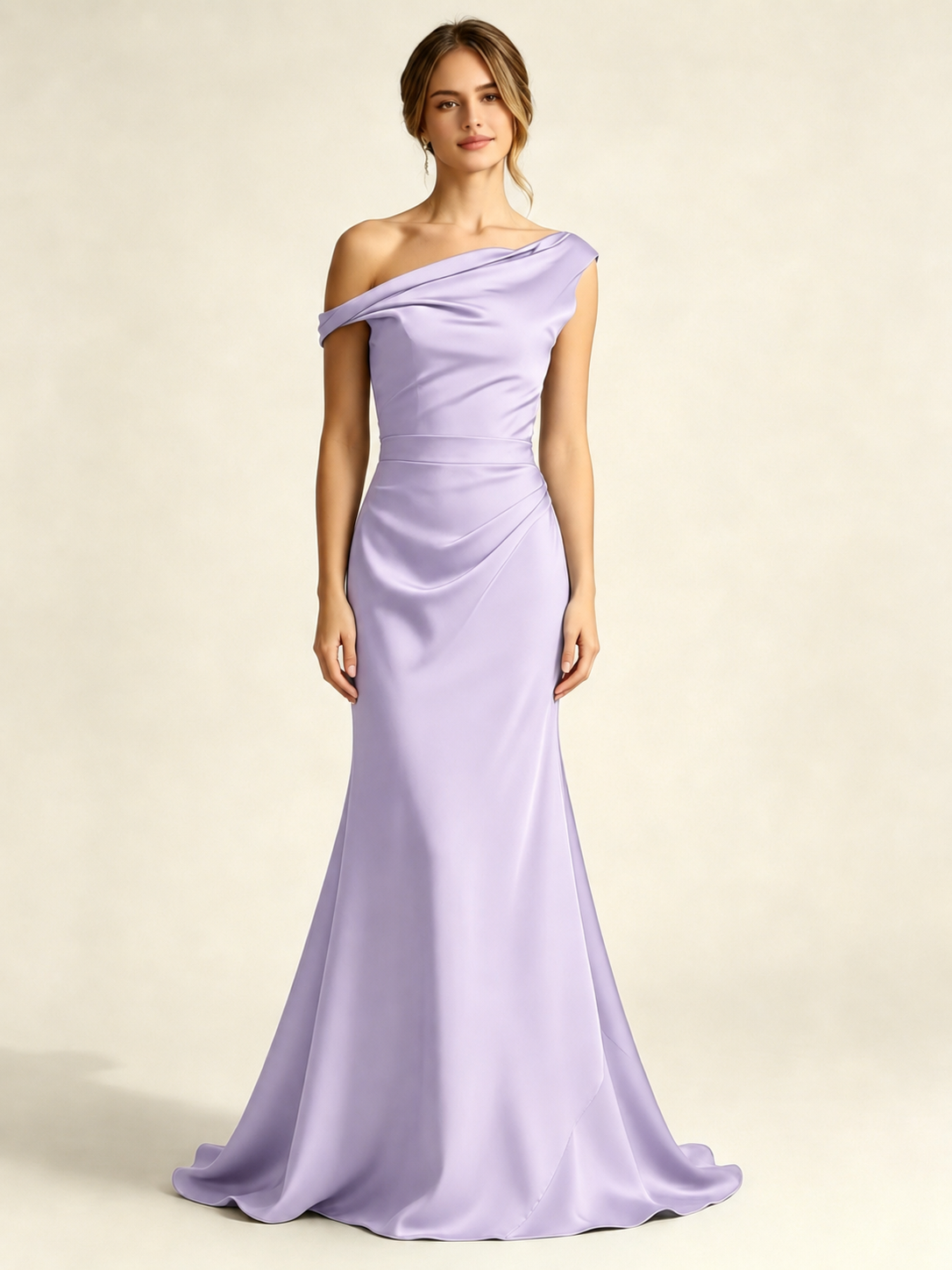 Satin Mermaid Bridesmaid Maxi Dress, Asymmetrical Off Shoulder Ruched Waist Open Back