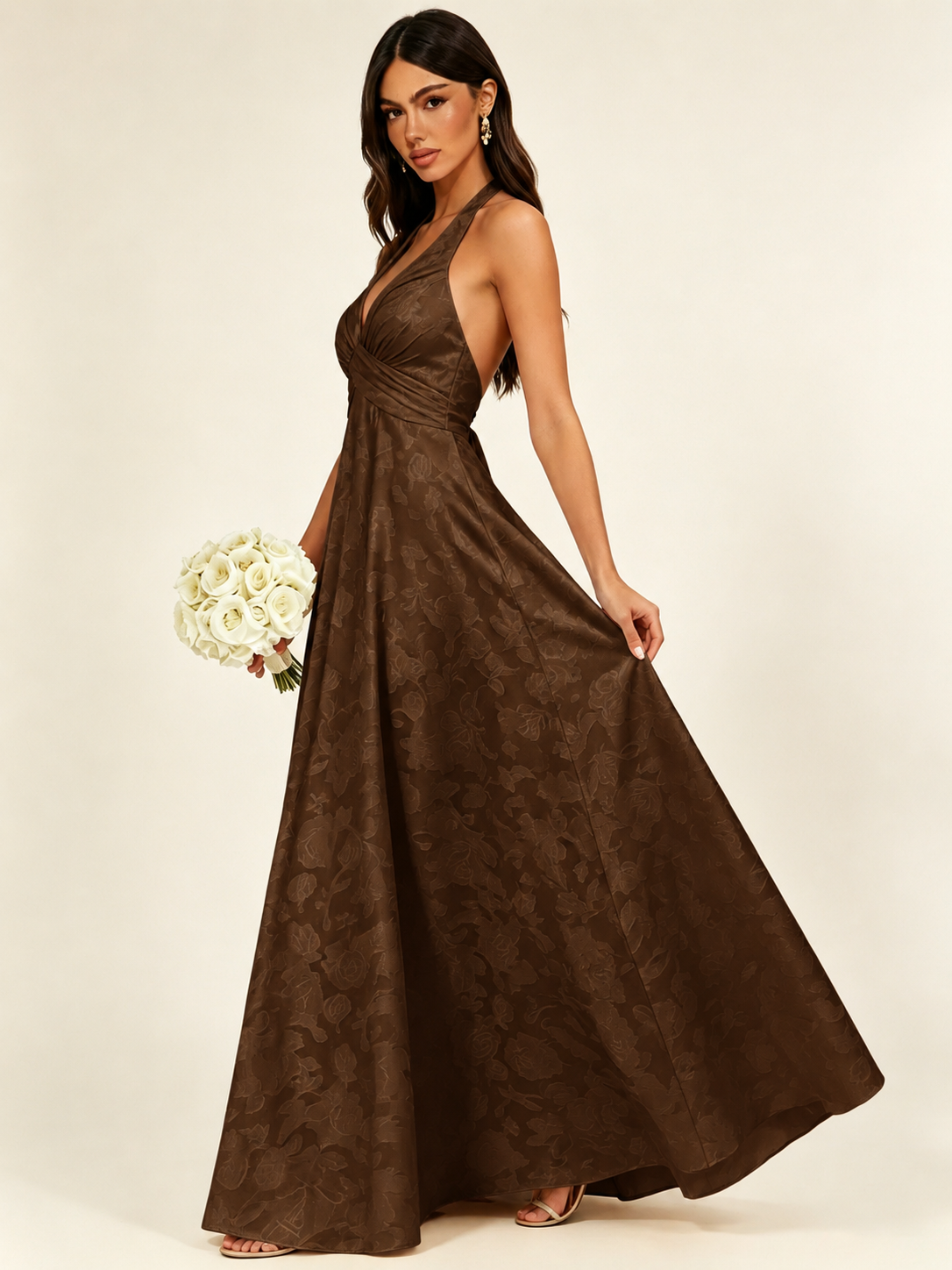 Floral Jacquard Halter Deep V A-Line Maxi Dress Backless Lace-Up Corset Bridesmaid Dress