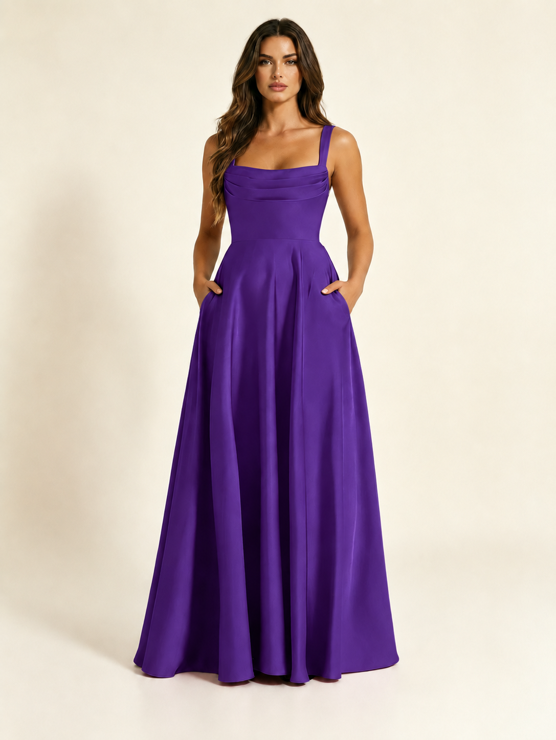 Satin Draped Cowl Square Neck A-Line Maxi Bridesmaid Dress