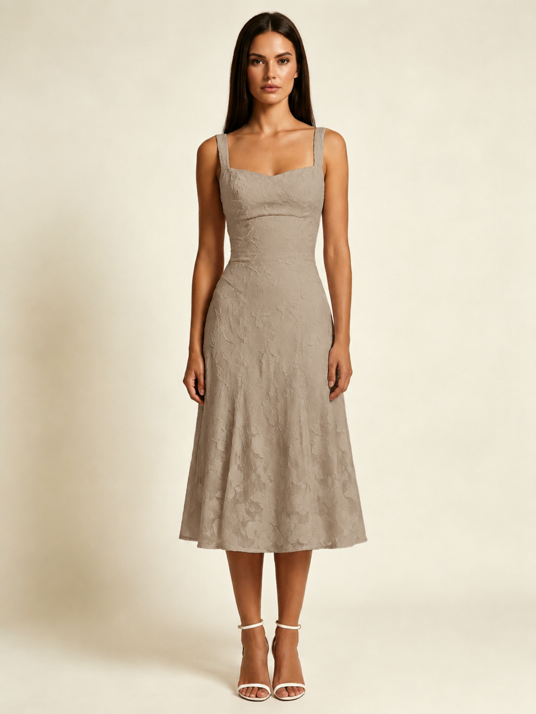 3D Floral Jacquard Square Neck Midi Dress