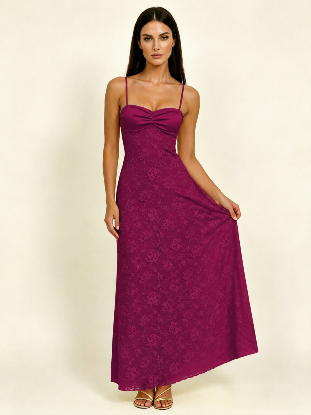 Satin Bust Lace Midi Maxi Dress, Spaghetti Strap Cross Lace Up Back Bridesmaid Dress