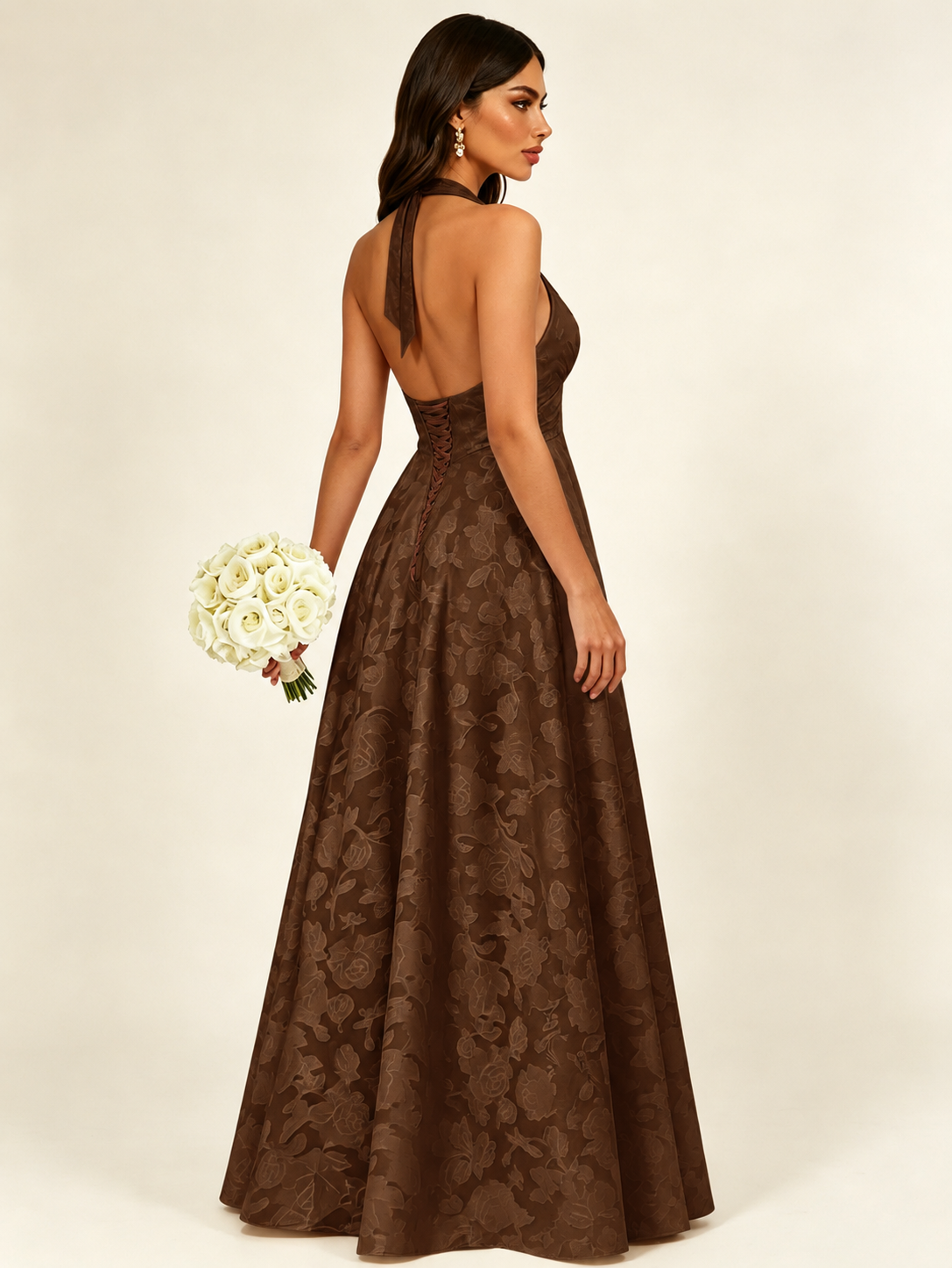 Floral Jacquard Halter Deep V A-Line Maxi Dress Backless Lace-Up Corset Bridesmaid Dress