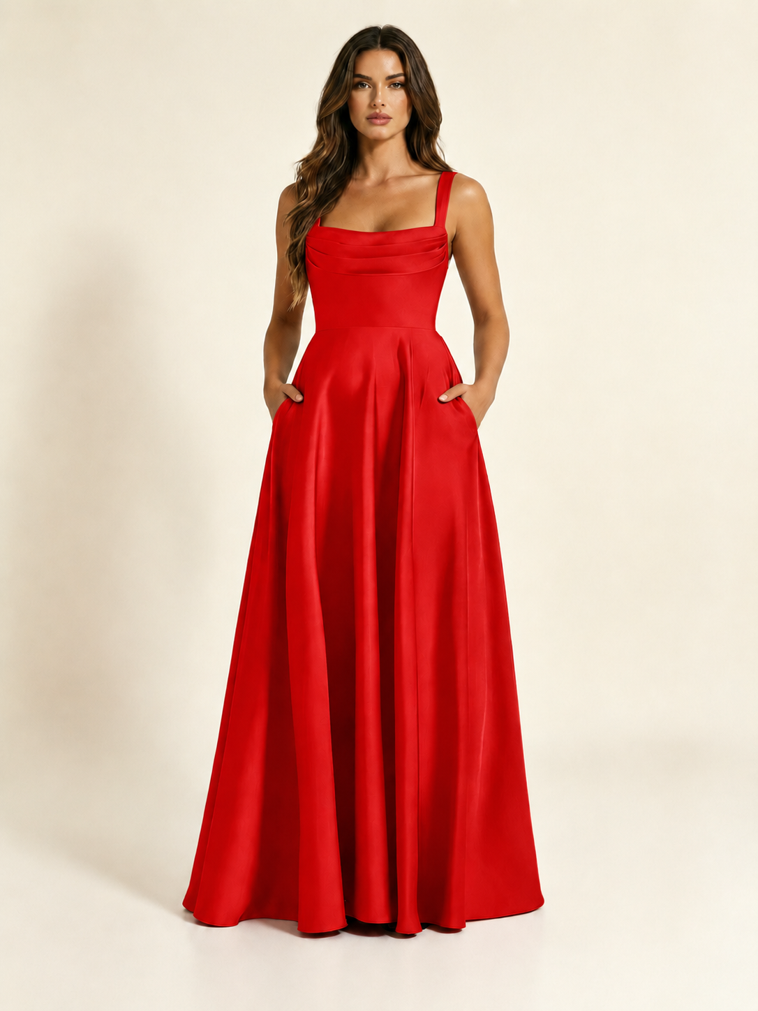 Satin Draped Cowl Square Neck A-Line Maxi Bridesmaid Dress