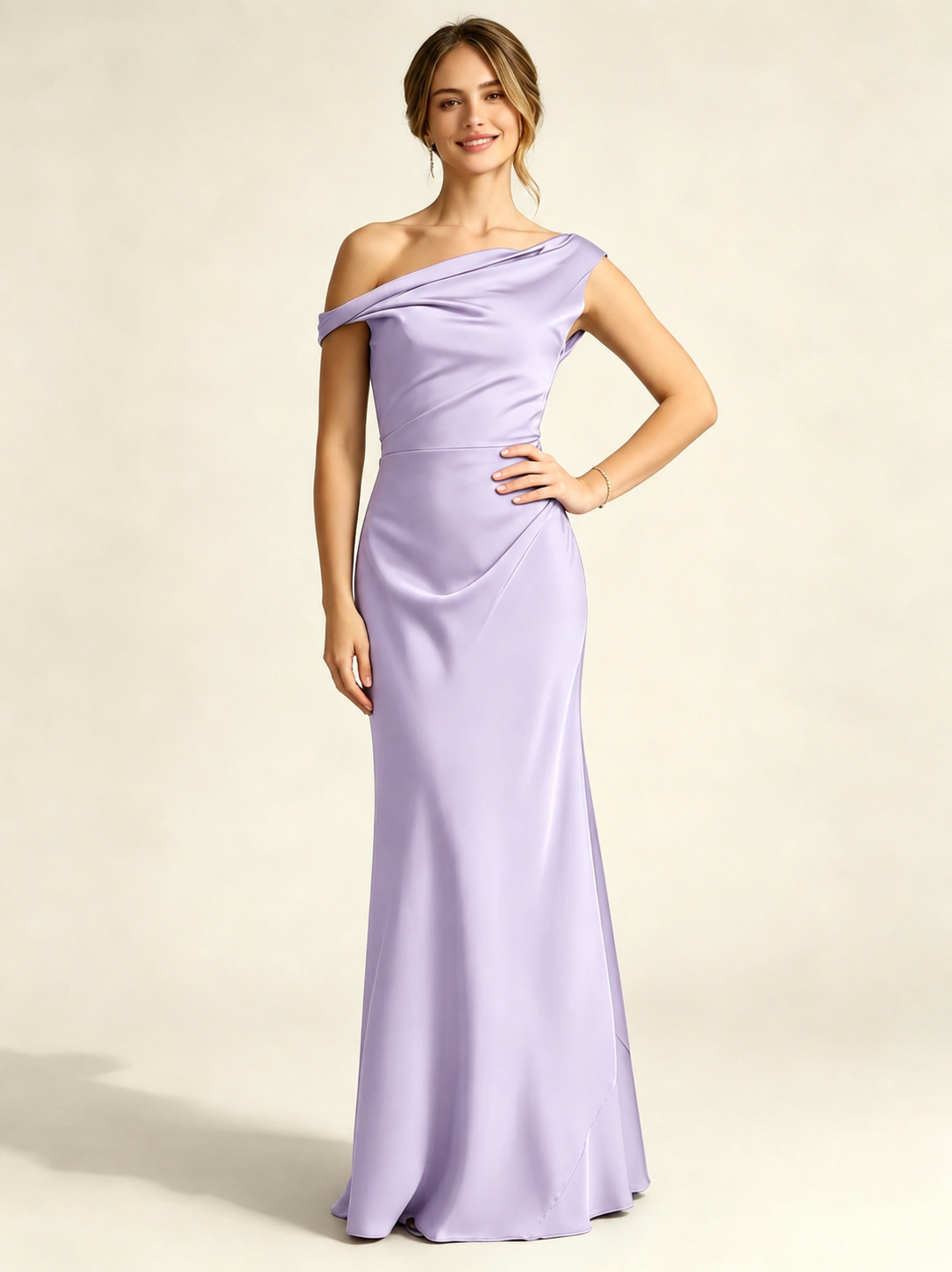 Satin Mermaid Bridesmaid Maxi Dress, Asymmetrical Off Shoulder Ruched Waist Open Back
