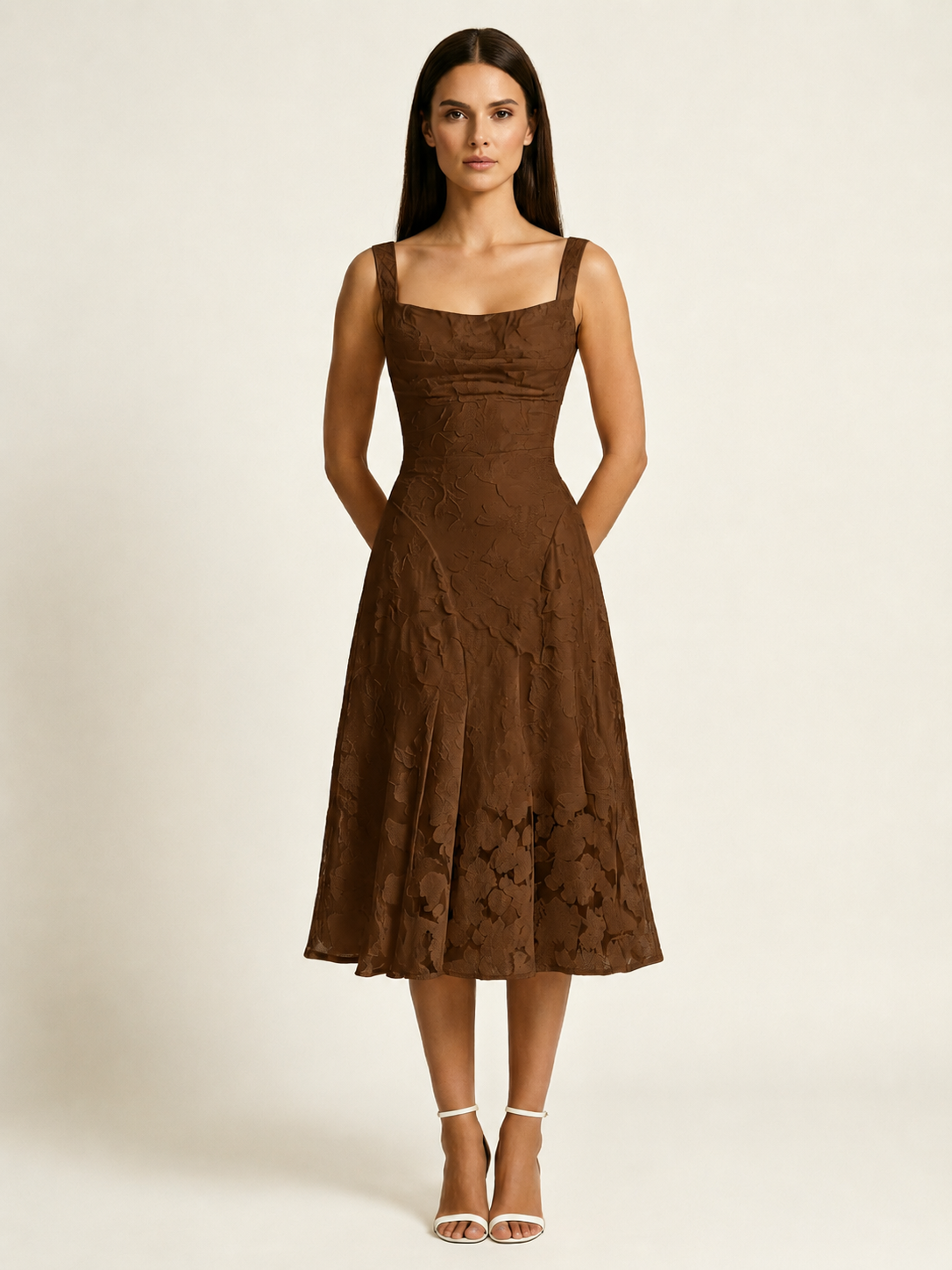 3D Floral Jacquard Square Neck Midi Dress