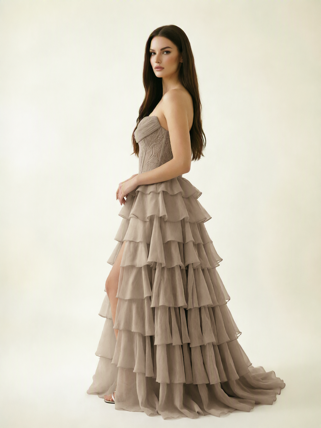 Strapless Lace Corset Tiered High Slit Prom Dress