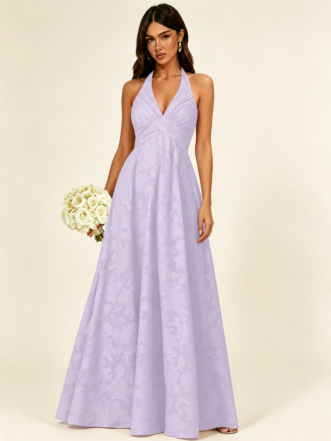 Floral Jacquard Halter Deep V A-Line Maxi Dress Backless Lace-Up Corset Bridesmaid Dress
