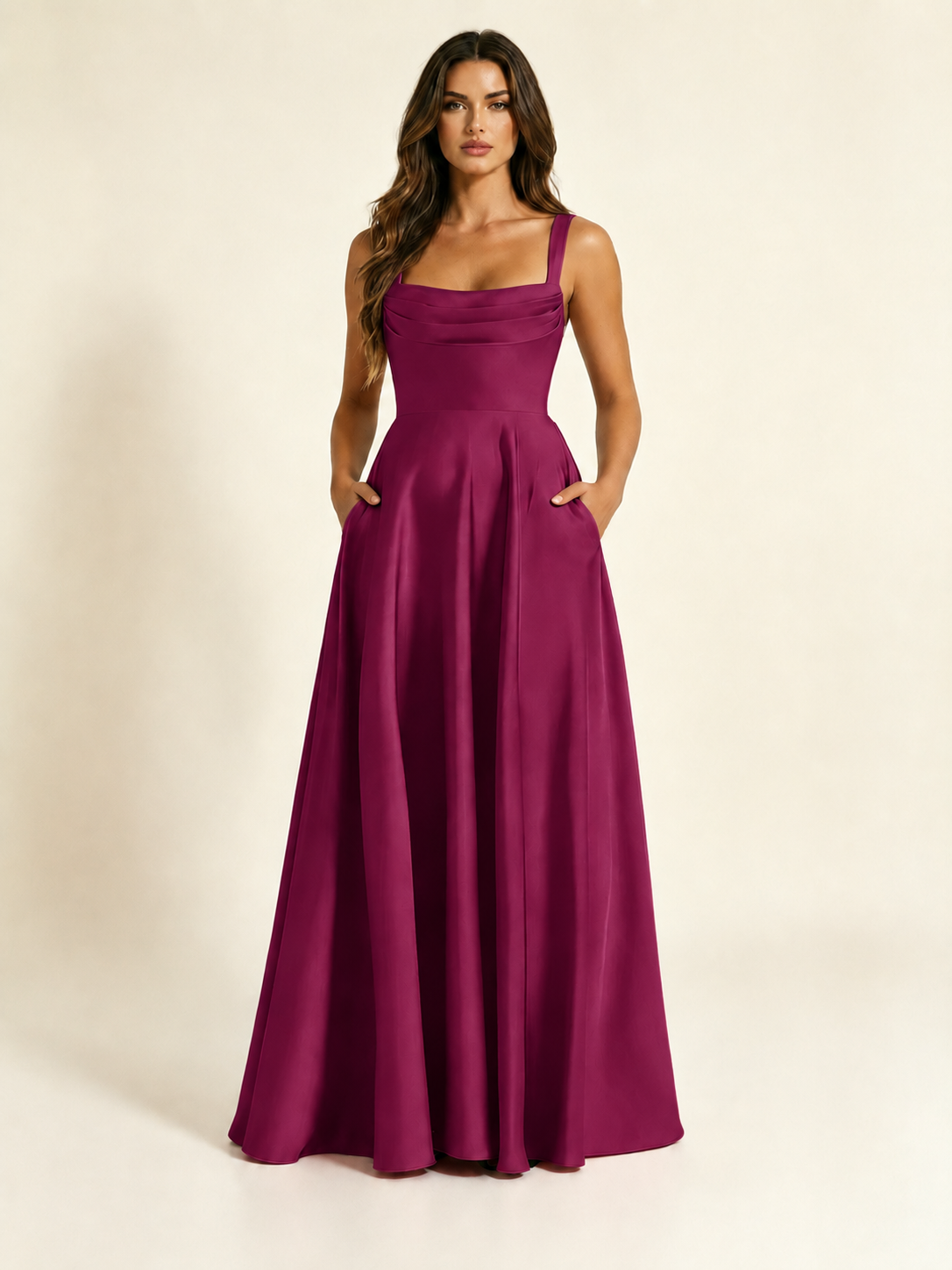 Satin Draped Cowl Square Neck A-Line Maxi Bridesmaid Dress