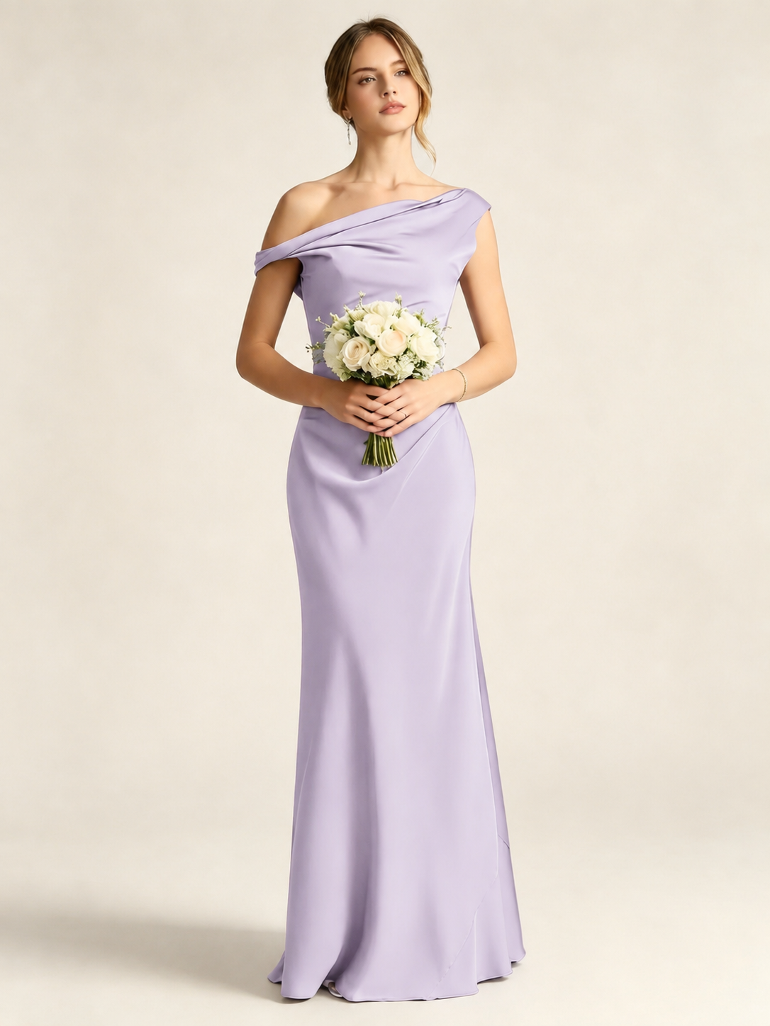 Satin Mermaid Bridesmaid Maxi Dress, Asymmetrical Off Shoulder Ruched Waist Open Back