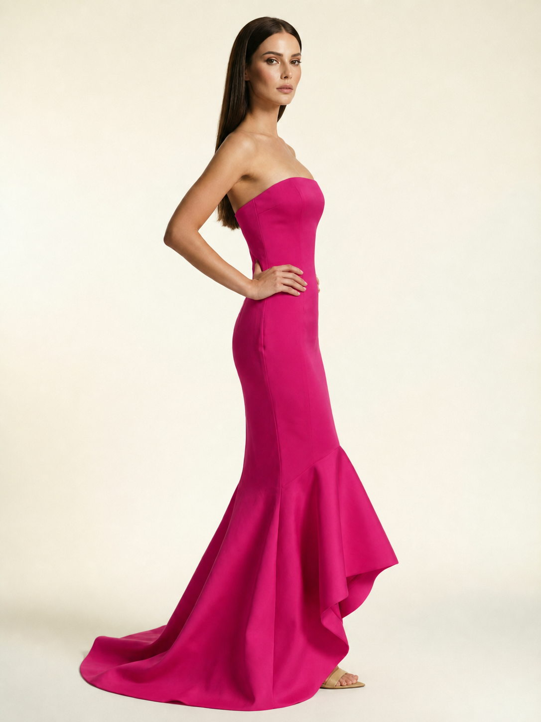 Strapless Satin Mermaid Dress With Ruffled Train & Lace-Up Back