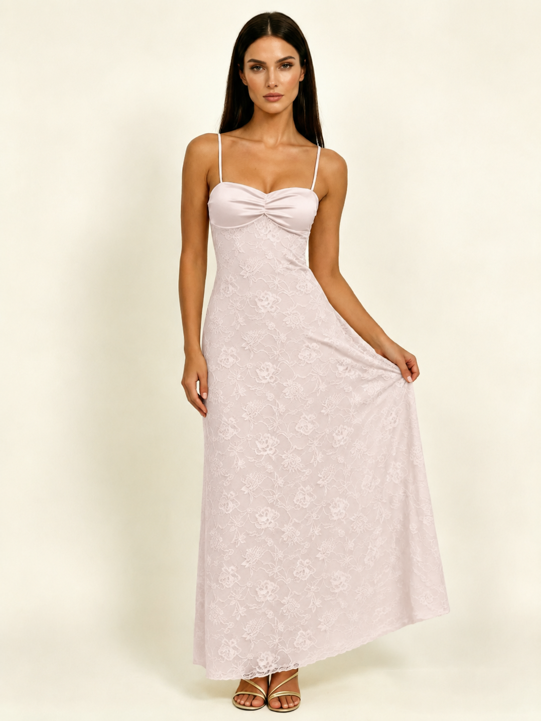 Satin Bust Lace Midi Maxi Dress, Spaghetti Strap Cross Lace Up Back Bridesmaid Dress