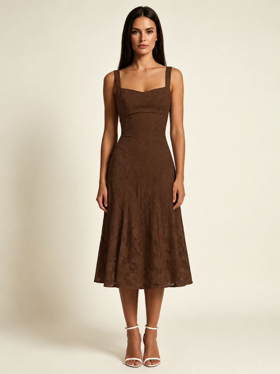 3D Floral Jacquard Square Neck Midi Dress