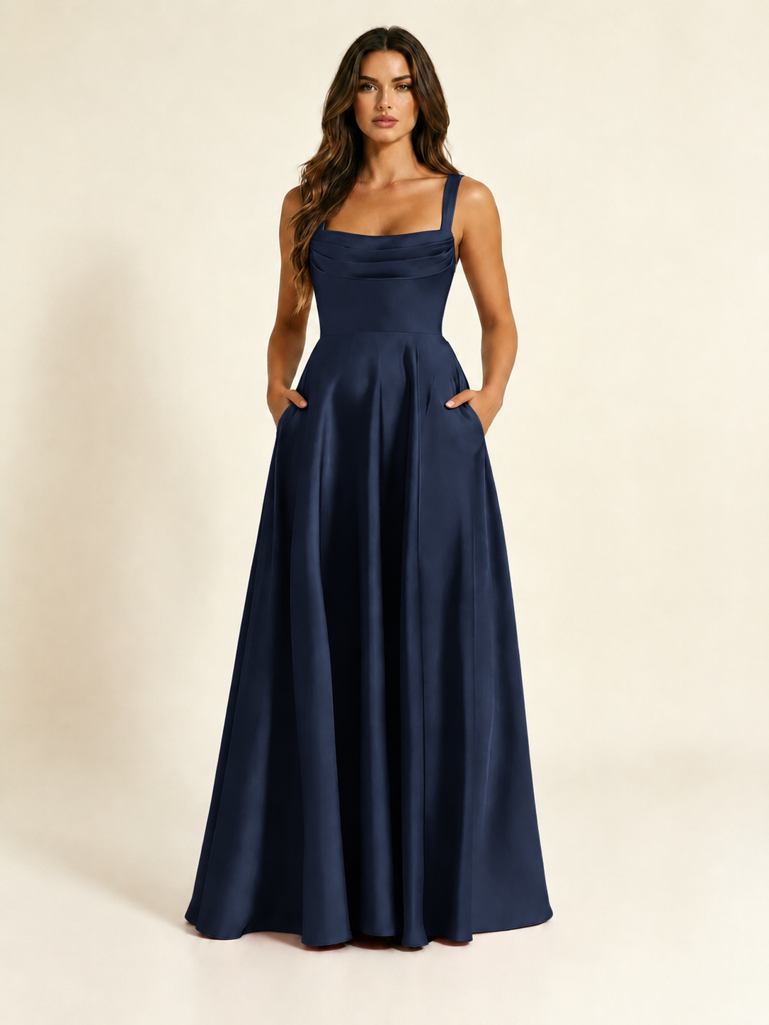 Satin Draped Cowl Square Neck A-Line Maxi Bridesmaid Dress
