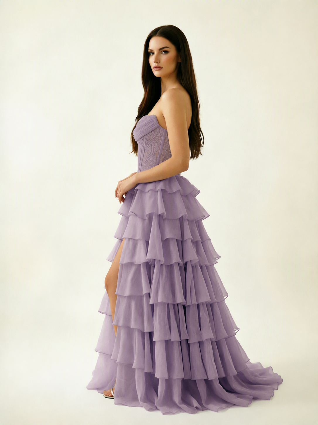 Strapless Lace Corset Tiered High Slit Prom Dress