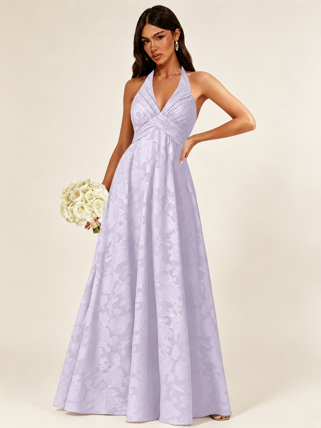 Floral Jacquard Halter Deep V A-Line Maxi Dress Backless Lace-Up Corset Bridesmaid Dress