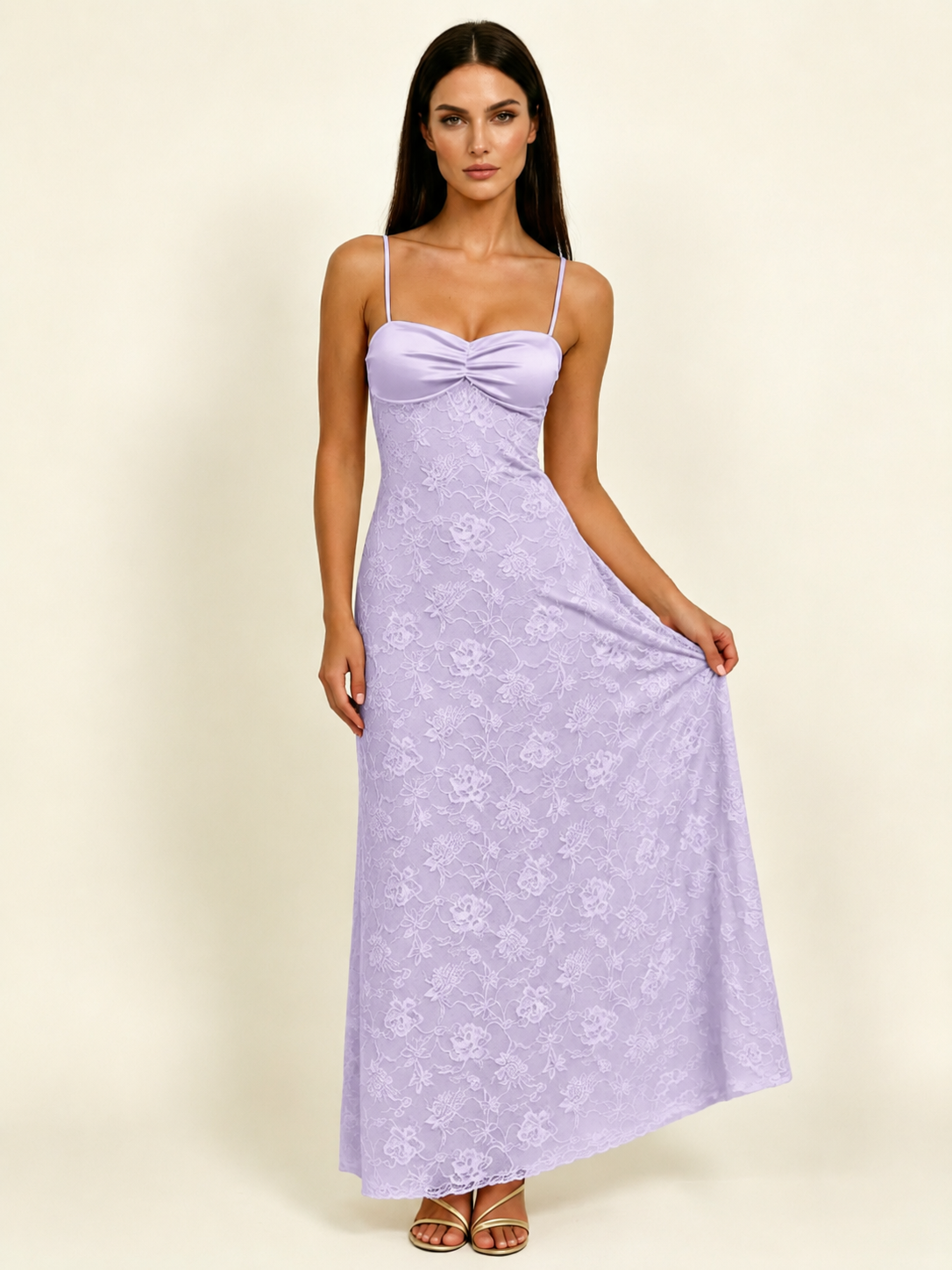 Satin Bust Lace Midi Maxi Dress, Spaghetti Strap Cross Lace Up Back Bridesmaid Dress
