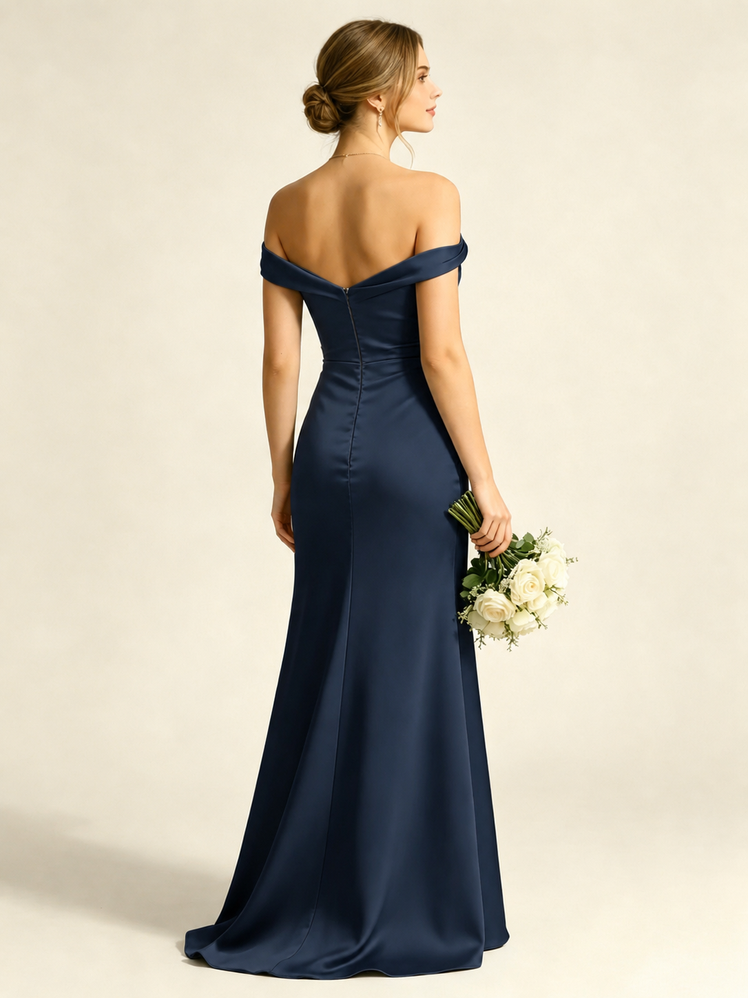 Satin Mermaid Bridesmaid Maxi Dress, Asymmetrical Off Shoulder Ruched Waist Open Back