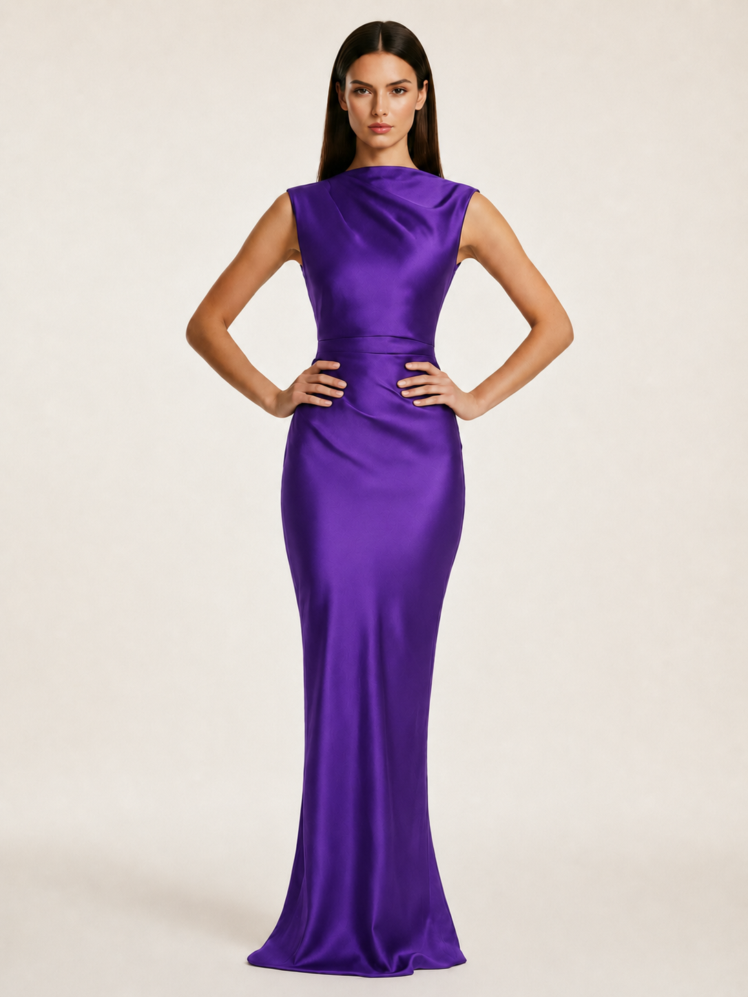 Sleeveless Draped Satin Mermaid Cutout Back Formal Dress