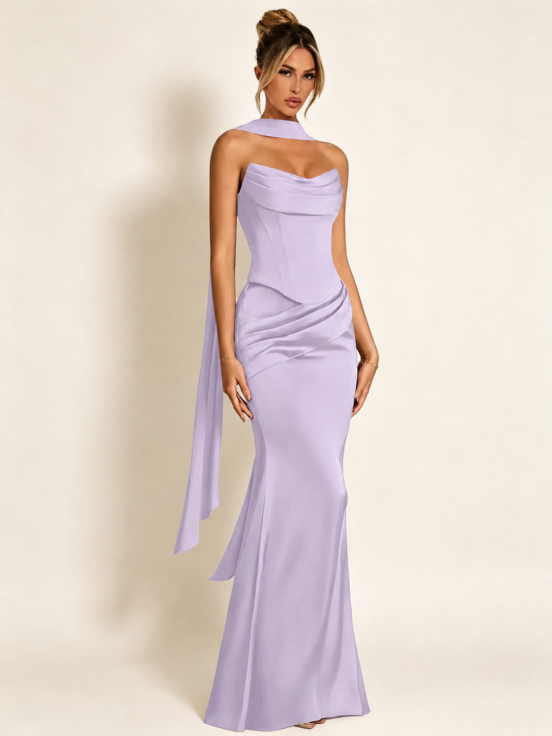 Satin Cowl Neck Mermaid Evening Dress with Corset Bodice and Draped Straps