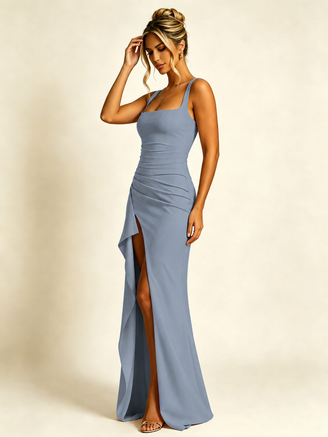 Square Neck Ruched Waist High Slit Mermaid Maxi Dress Ruffle Train Bodycon Bridesmaid Dress