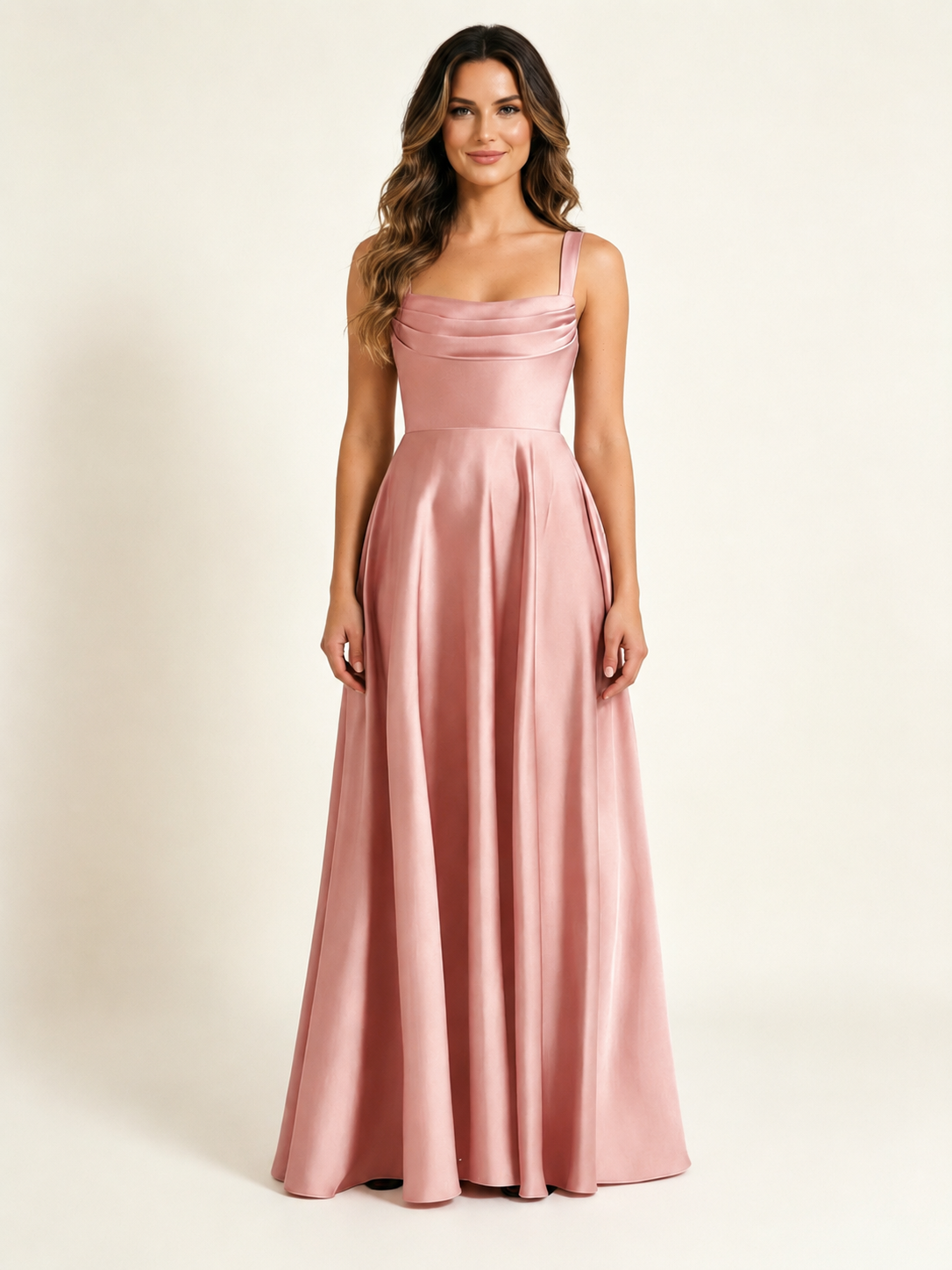 Satin Draped Cowl Square Neck A-Line Maxi Bridesmaid Dress