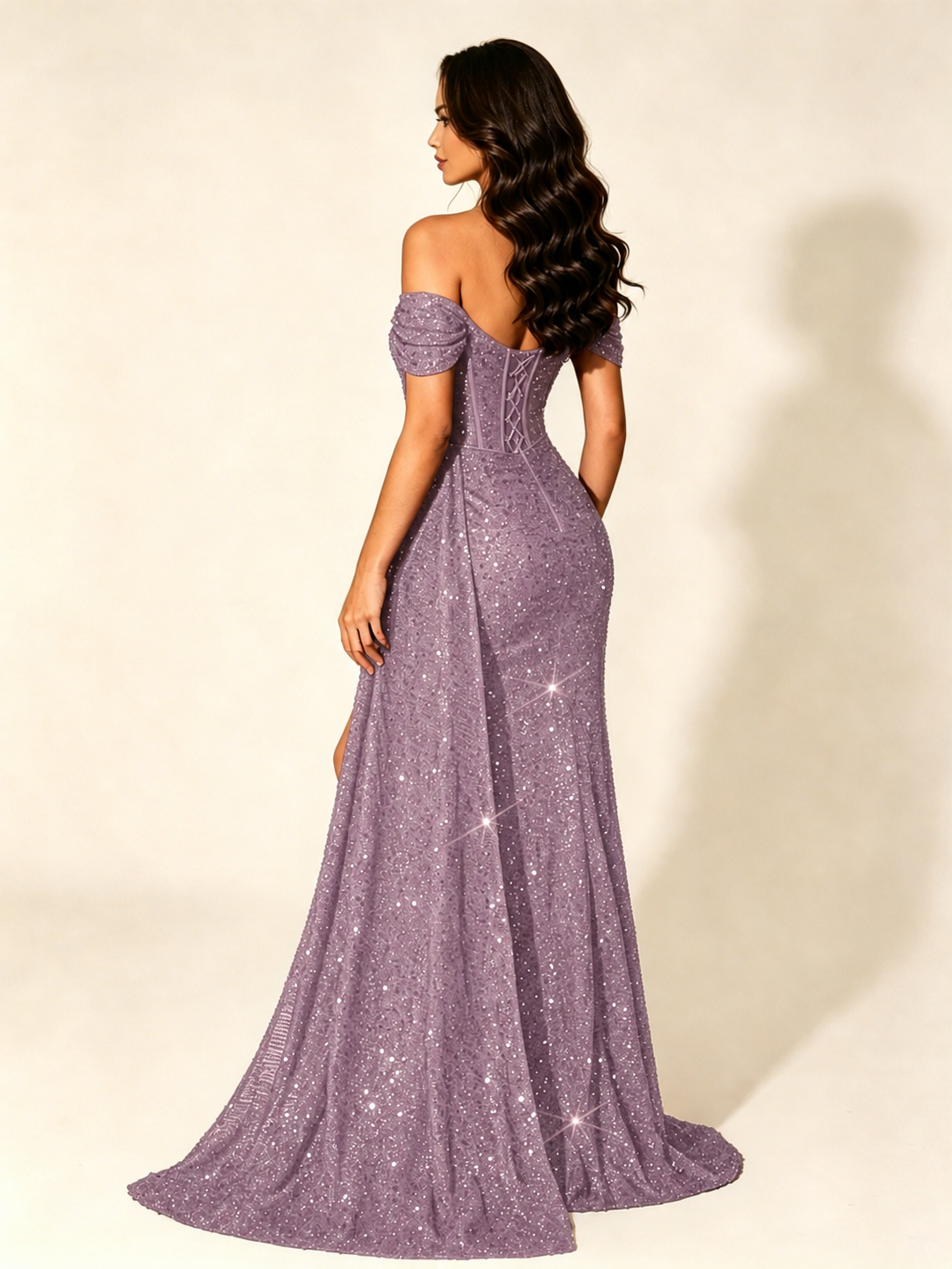 Off Shoulder Sequin High Slit Dress with Train