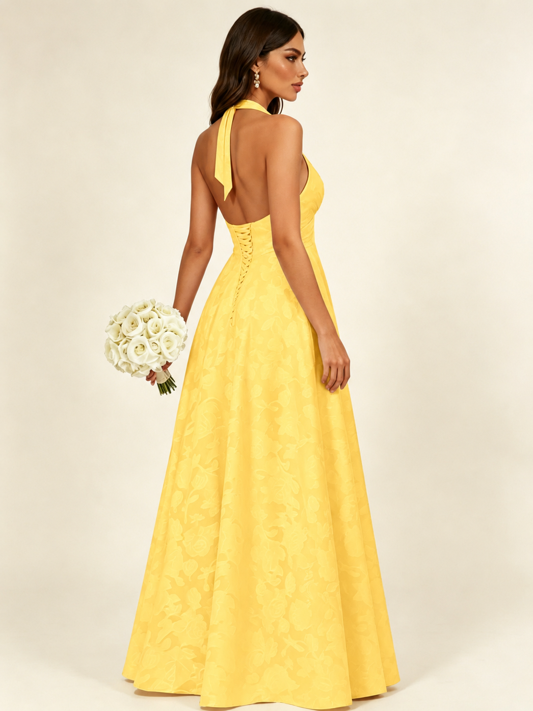 Floral Jacquard Halter Deep V A-Line Maxi Dress Backless Lace-Up Corset Bridesmaid Dress