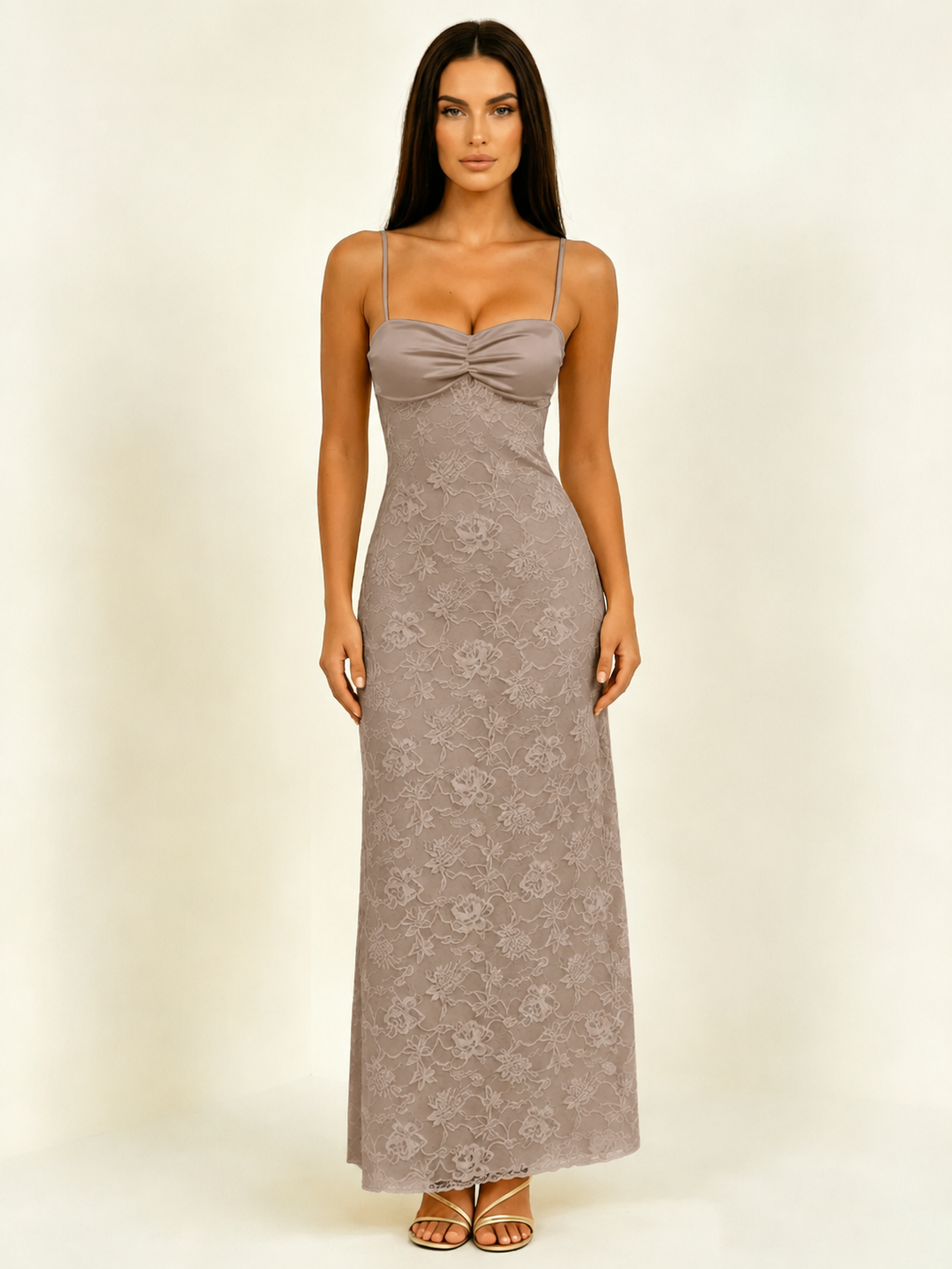 Satin Bust Lace Midi Maxi Dress, Spaghetti Strap Cross Lace Up Back Bridesmaid Dress