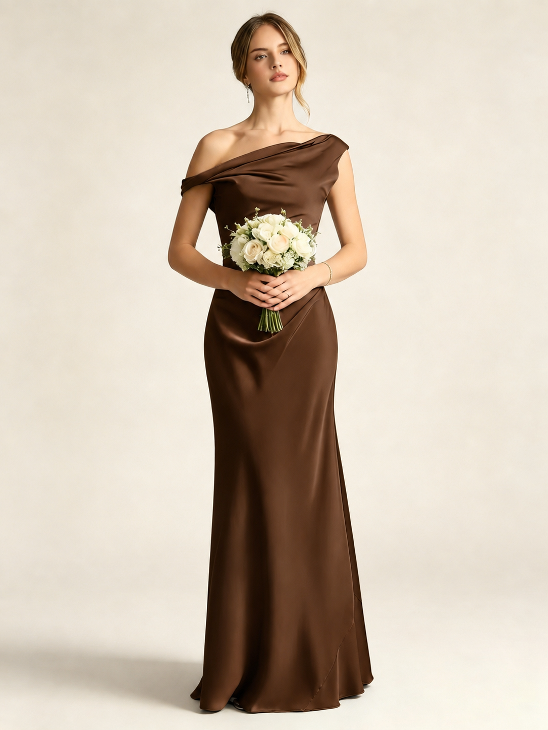Satin Mermaid Bridesmaid Maxi Dress, Asymmetrical Off Shoulder Ruched Waist Open Back