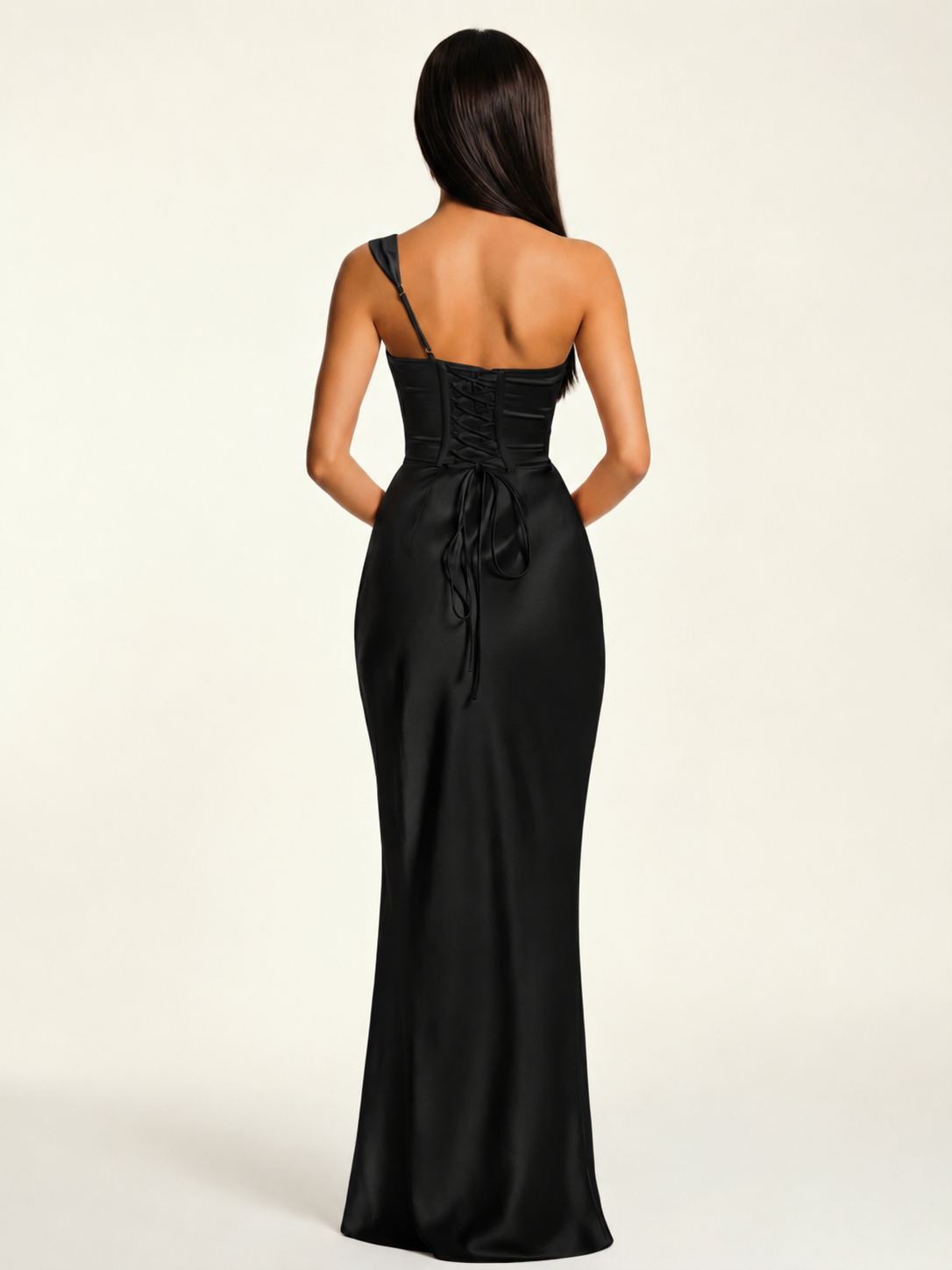 Single-shoulder satin back strap design formal dress