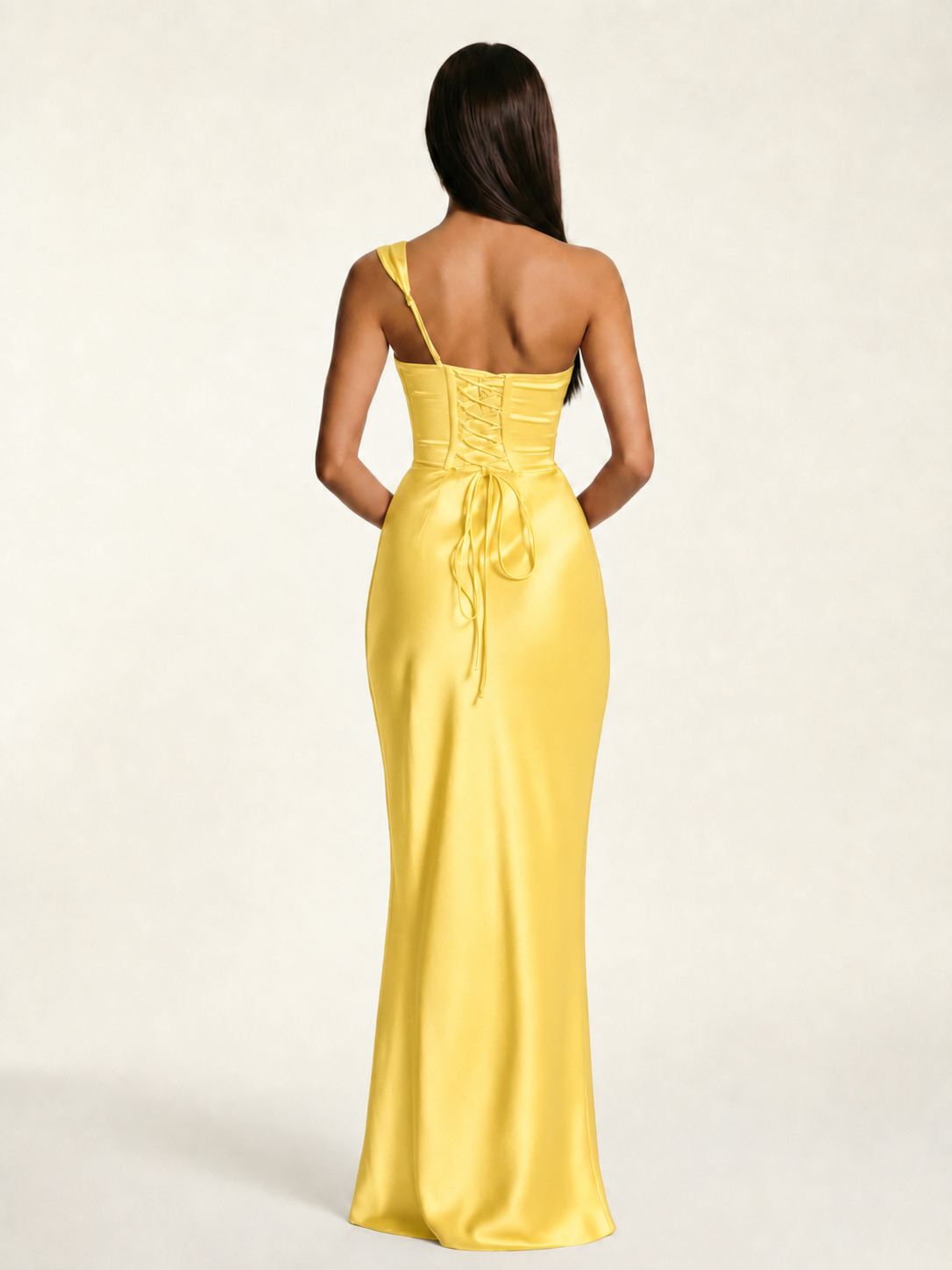 Single-shoulder satin back strap design formal dress