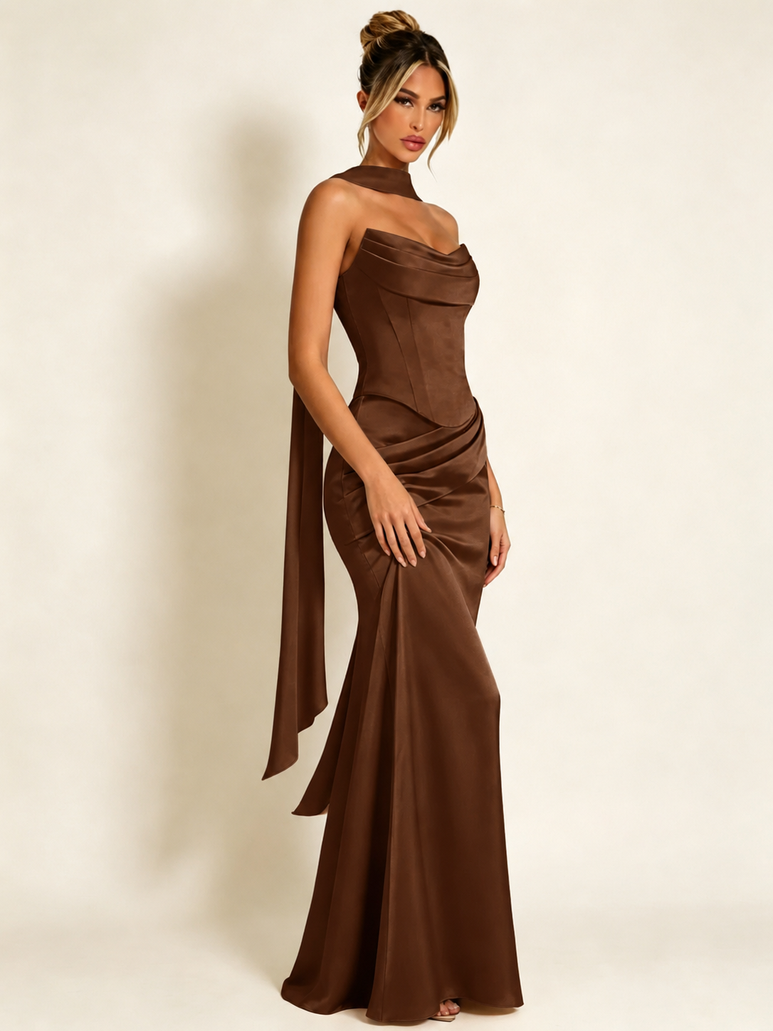 Satin Cowl Neck Mermaid Evening Dress with Corset Bodice and Draped Straps