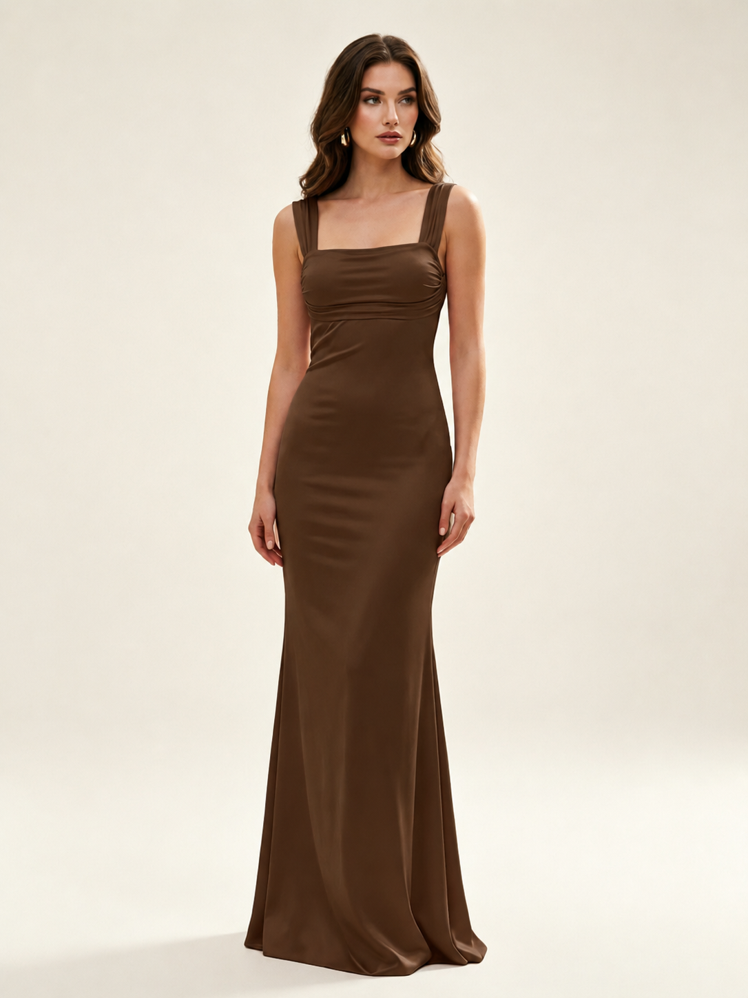 Satin Mermaid Bridesmaid Maxi Dress, Wide Strap Square Neck Cross Lace-Up Open Back