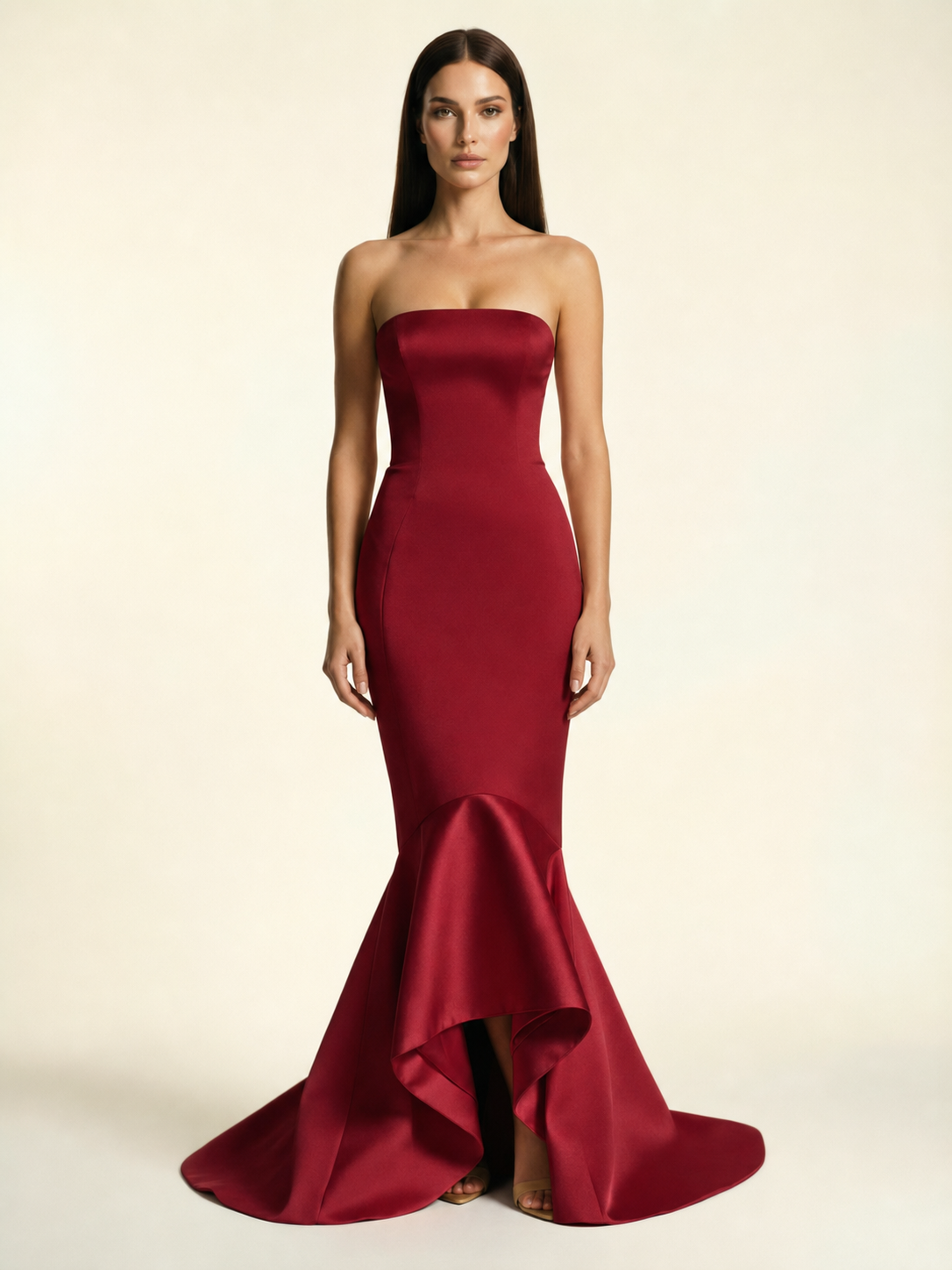 Strapless Satin Mermaid Dress With Ruffled Train & Lace-Up Back