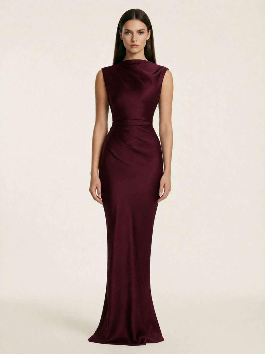 Sleeveless Draped Satin Mermaid Cutout Back Formal Dress