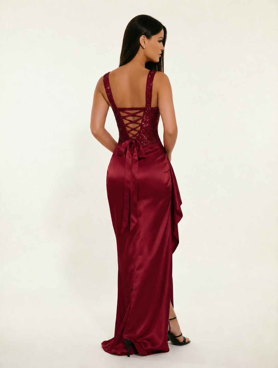 Sequin Corset Satin High Slit Formal Maxi Dress
