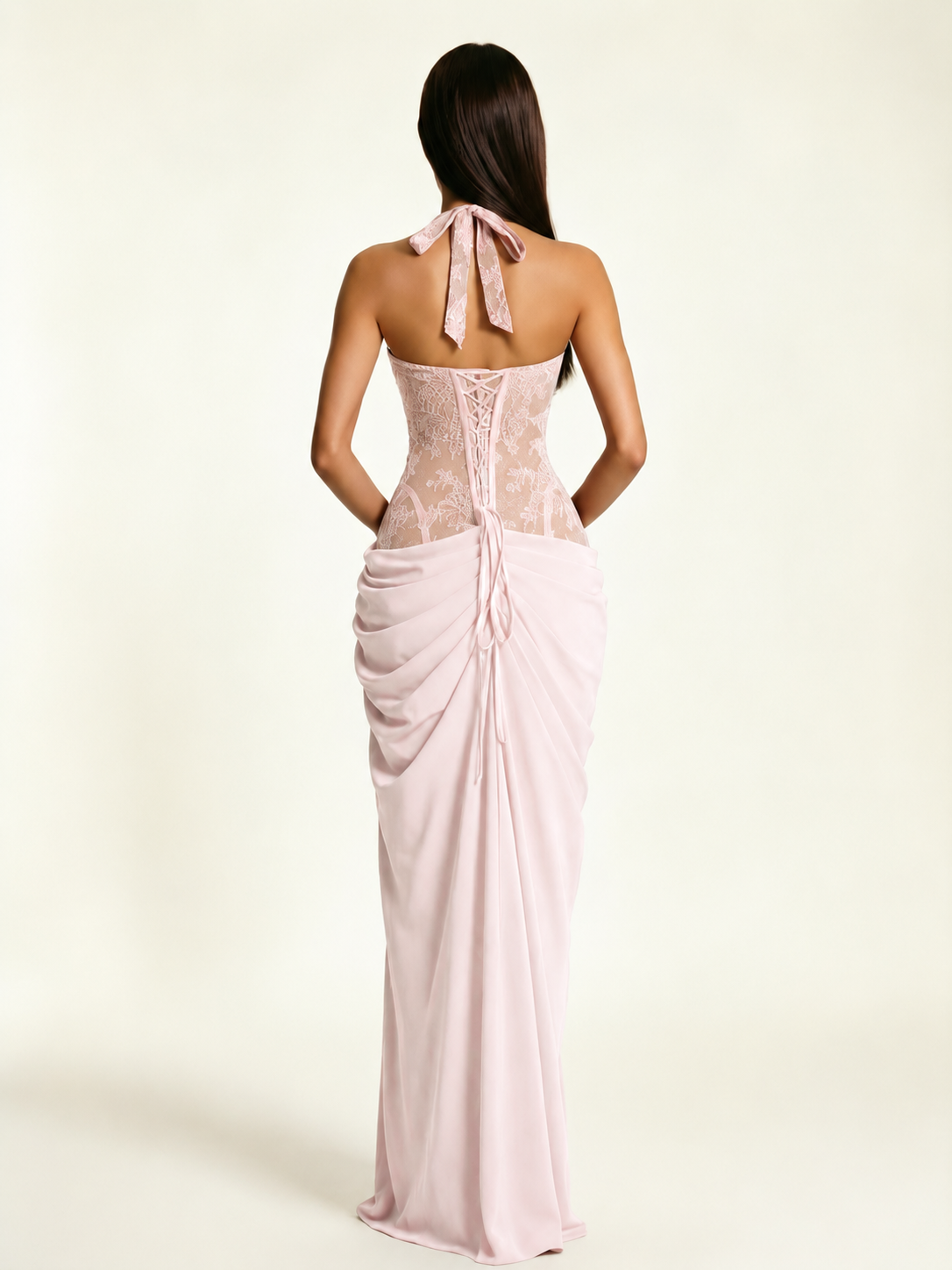 Lace Corset Halter High Slit Formal Dress
