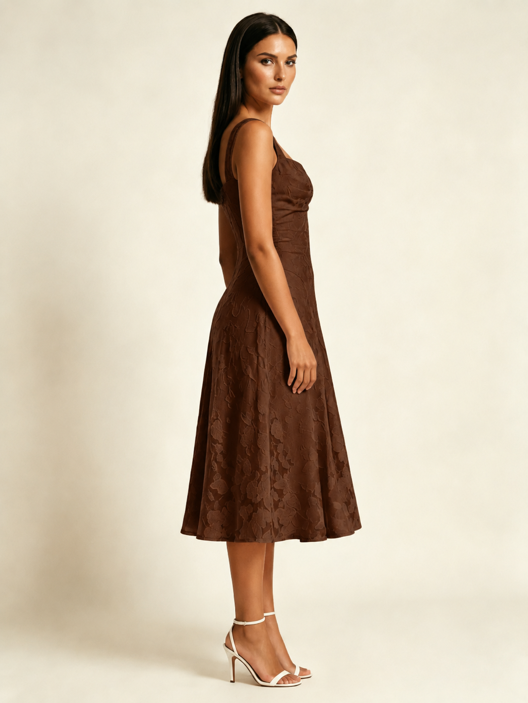 3D Floral Jacquard Square Neck Midi Dress