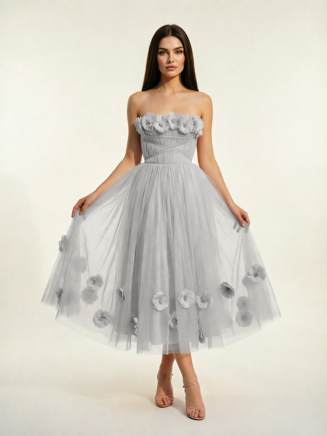 Strapless Tulle Midi Dress with 3D Floral Appliqués, Lace-Up Corset Back