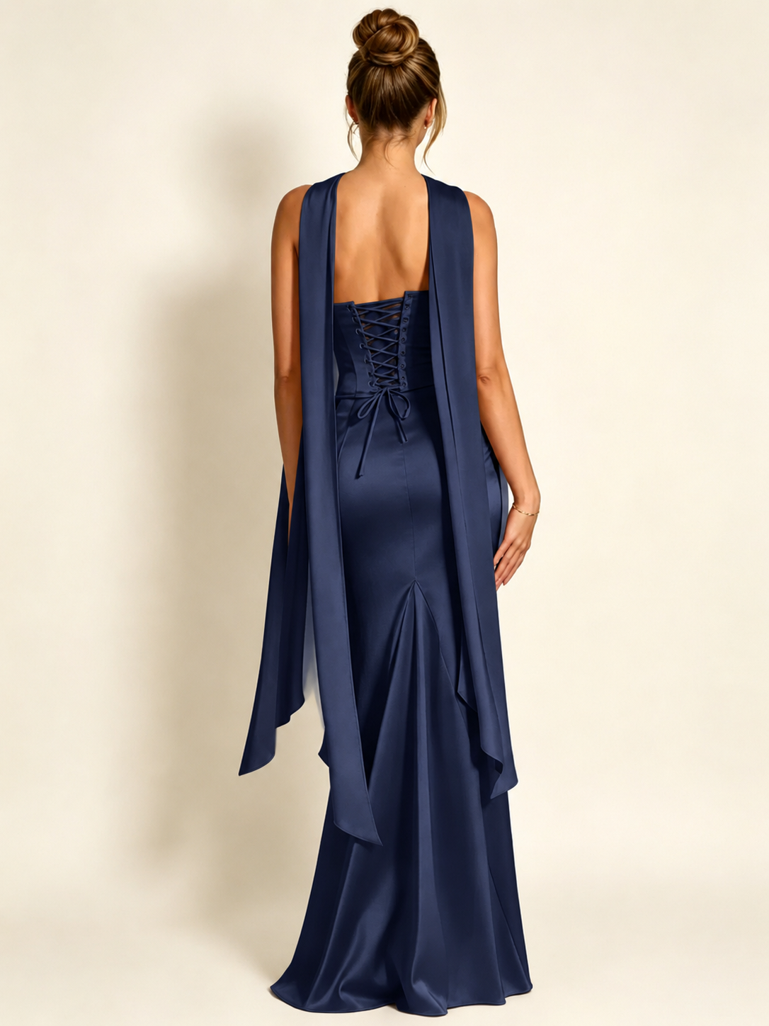 Satin Cowl Neck Mermaid Evening Dress with Corset Bodice and Draped Straps
