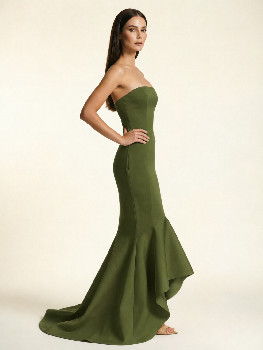 Strapless Satin Mermaid Dress With Ruffled Train & Lace-Up Back