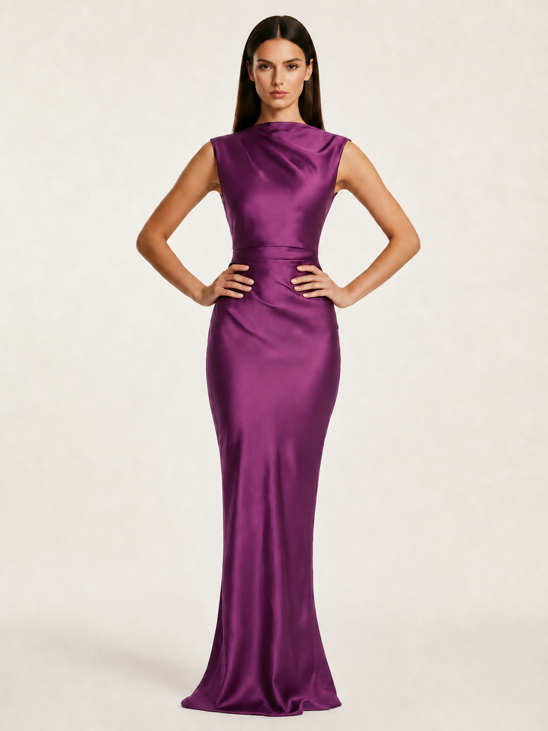 Sleeveless Draped Satin Mermaid Cutout Back Formal Dress