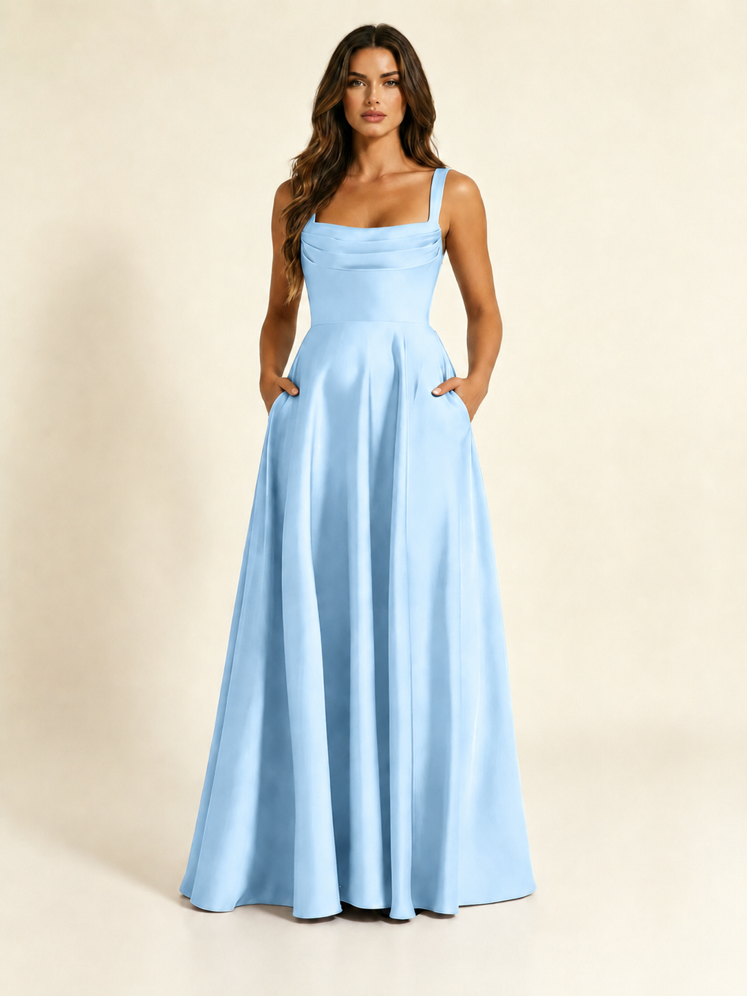 Satin Draped Cowl Square Neck A-Line Maxi Bridesmaid Dress