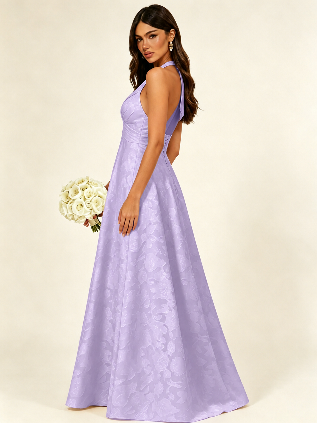 Floral Jacquard Halter Deep V A-Line Maxi Dress Backless Lace-Up Corset Bridesmaid Dress