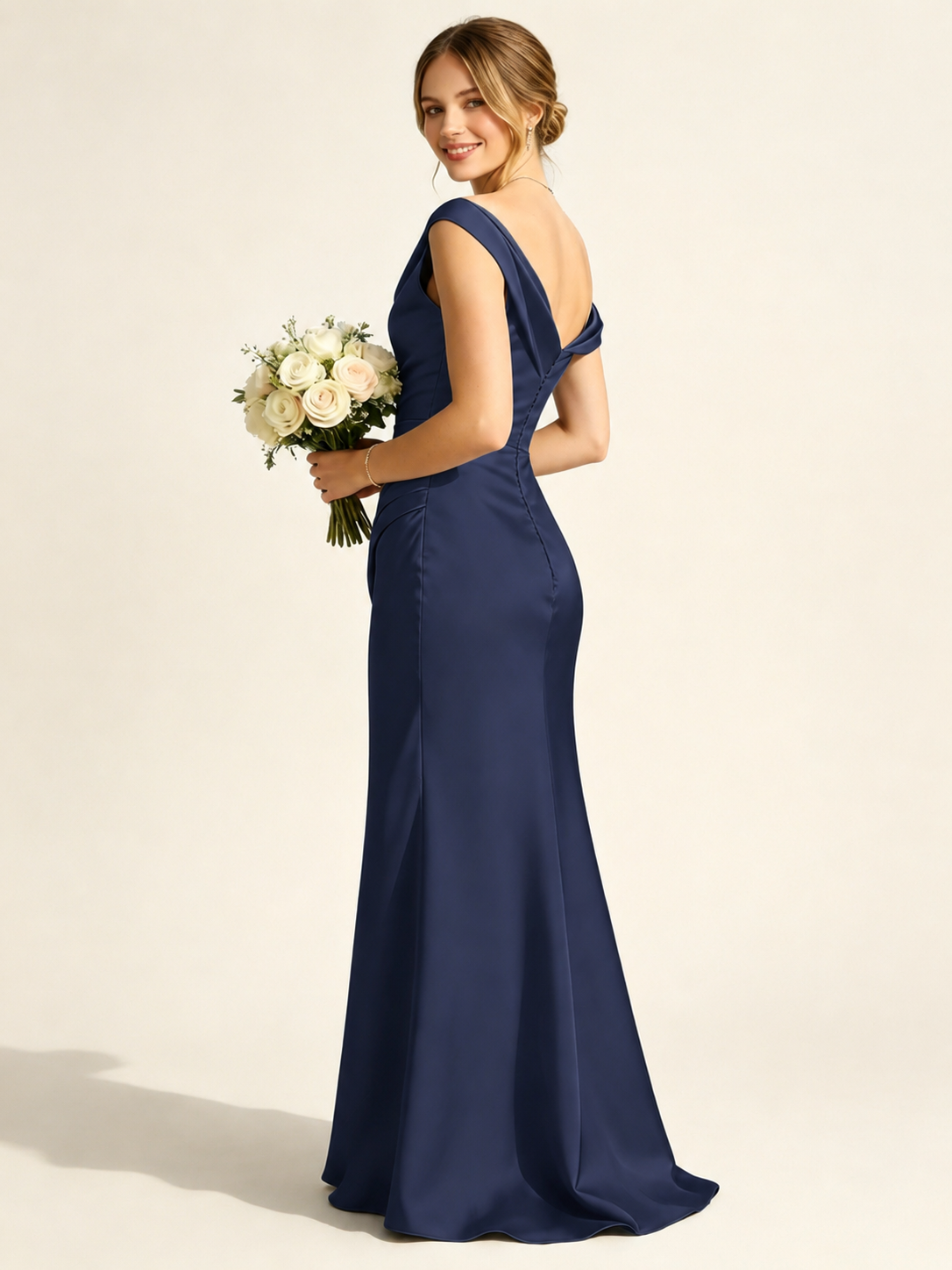 Satin Mermaid Bridesmaid Maxi Dress, Asymmetrical Off Shoulder Ruched Waist Open Back